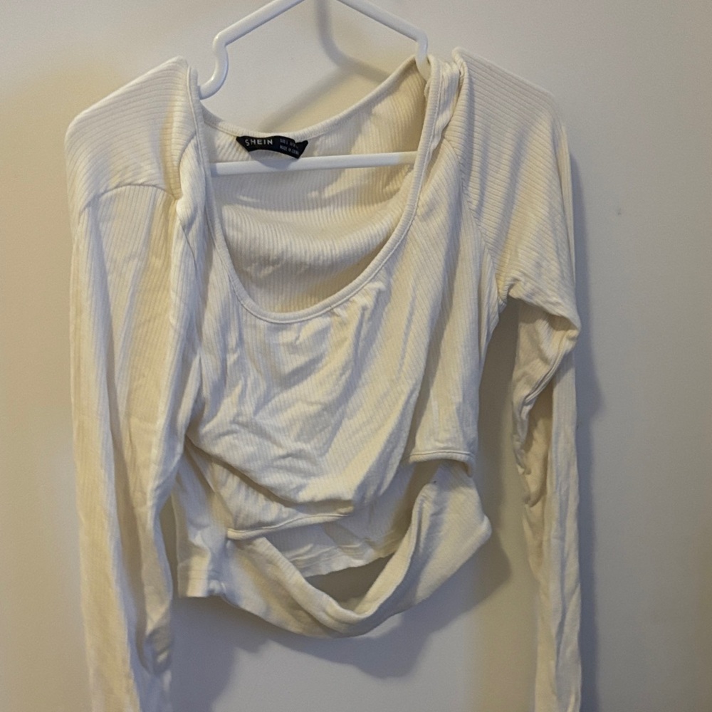 SHEIN Cream Ribbed Long Sleeve Blouse